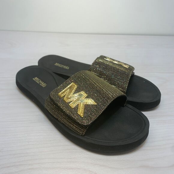 Michael Kors MK Logo Pixie Gold Glitter Chain Mesh Slide Flip Flop Black 8M - Picture 1 of 11